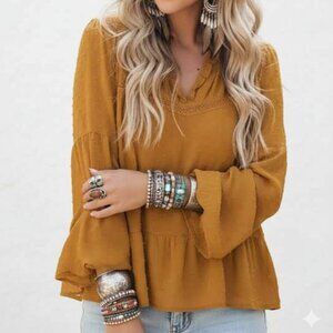 MELISSA PAIGE Large Mustard Swiss Dot Ruffle Blouse